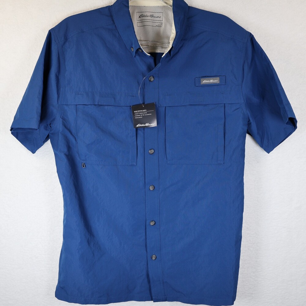 Eddie Bauer Ripstop Guide Men's Medium Fishing Short‎ Sleeve Shirt Blue NWT